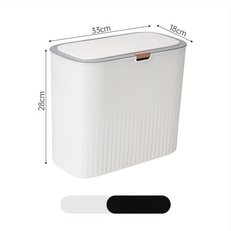 Plastmasas atkritumu tvertne ar nospiestamu atvērumu un pop-up vāku, 12 L vai vairāk, garu cilindrisku formu, mājas lietošanai