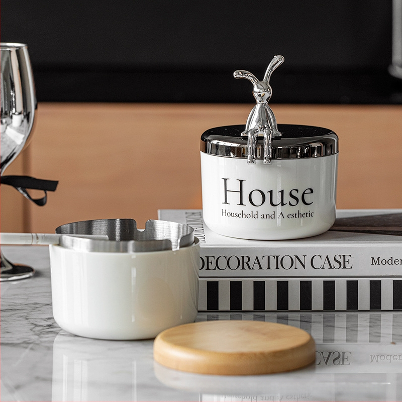 Cenușar din oțel inoxidabil cu capac în formă de urs, rezistent la vânt și fum, stil Nordic, pentru birou, KTV și bar