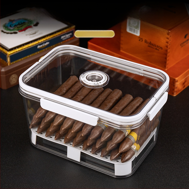 HANNICOOK szivaros doboz – zárható, nedvesség- és rovarálló, nedvesítésre és érlelésre, fogantyúval; anyagok: PET/PP/szilikon; stílus: egyszerű