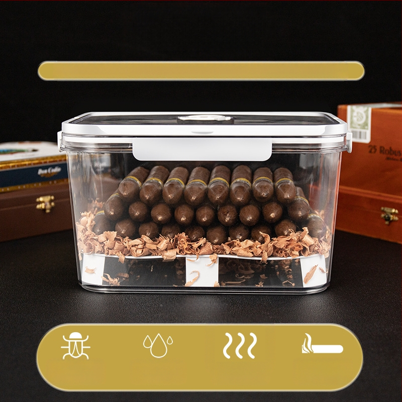 HANNICOOK szivaros doboz – zárható, nedvesség- és rovarálló, nedvesítésre és érlelésre, fogantyúval; anyagok: PET/PP/szilikon; stílus: egyszerű