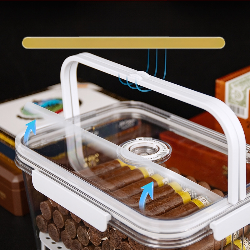 HANNICOOK szivaros doboz – zárható, nedvesség- és rovarálló, nedvesítésre és érlelésre, fogantyúval; anyagok: PET/PP/szilikon; stílus: egyszerű