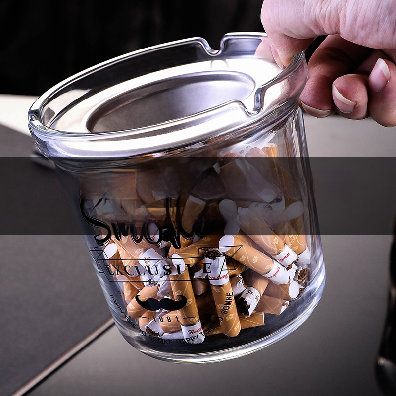 Cenușieră de sticlă cu capac, stil simplu, logo imprimat, ambalaj 36/48 bucăți