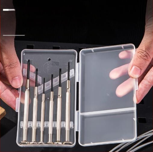 Set alata za popravak satova, 6 komada, ugljična čelična, nemagnetno, bez izolacije, promjer vijaka 1.0–3.0 mm, u prozirnoj PP kutiji