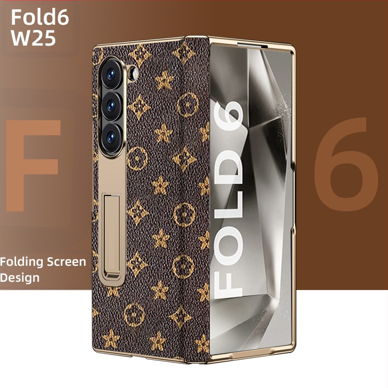 Husă de protecție pentru Samsung Fold cu margine placată cu aur și axă centrală din piele naturală, finisaj electroplacat, protecție anti-cădere