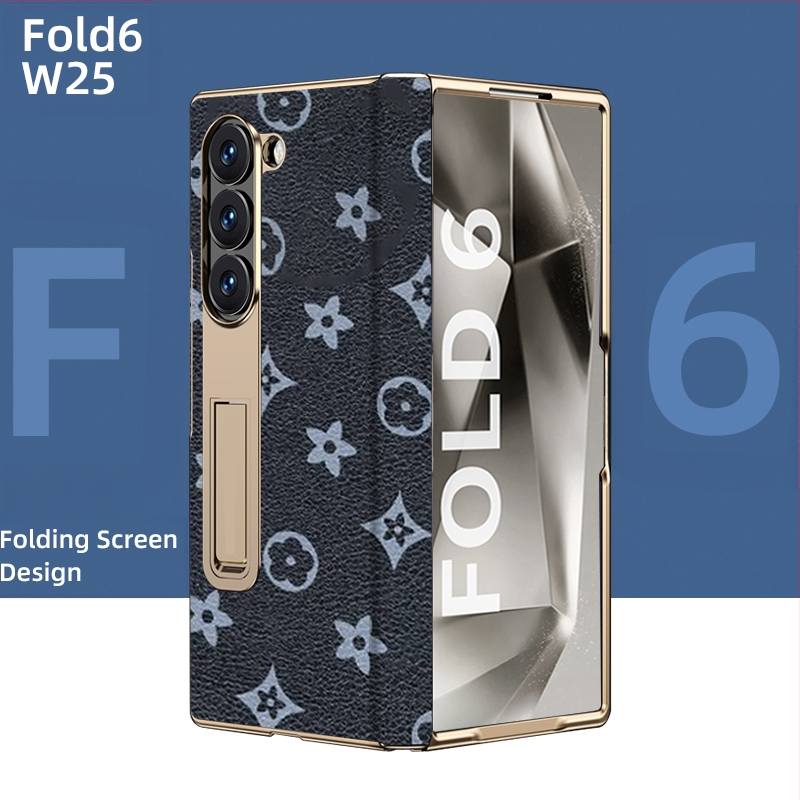 Husă de protecție pentru Samsung Fold cu margine placată cu aur și axă centrală din piele naturală, finisaj electroplacat, protecție anti-cădere