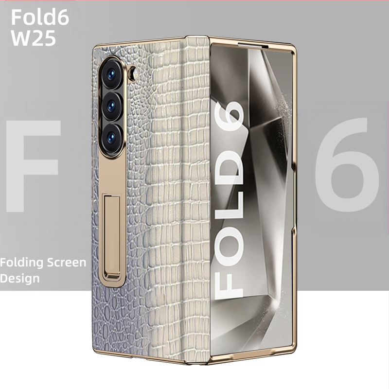 Husă de protecție pentru Samsung Fold cu margine placată cu aur și axă centrală din piele naturală, finisaj electroplacat, protecție anti-cădere