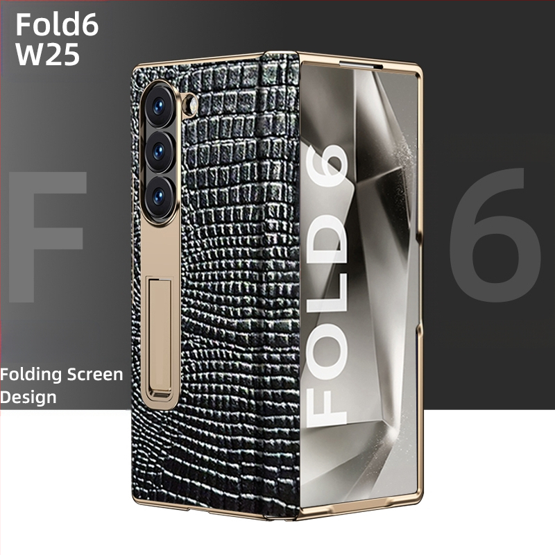 Husă de protecție pentru Samsung Fold cu margine placată cu aur și axă centrală din piele naturală, finisaj electroplacat, protecție anti-cădere