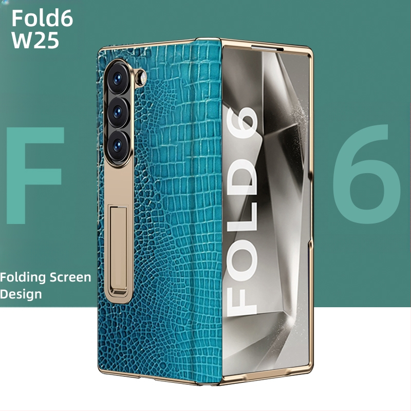 Husă de protecție pentru Samsung Fold cu margine placată cu aur și axă centrală din piele naturală, finisaj electroplacat, protecție anti-cădere