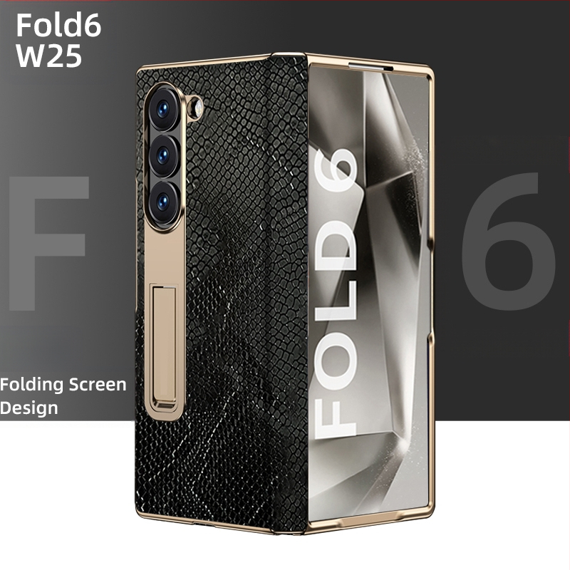 Husă de protecție pentru Samsung Fold cu margine placată cu aur și axă centrală din piele naturală, finisaj electroplacat, protecție anti-cădere