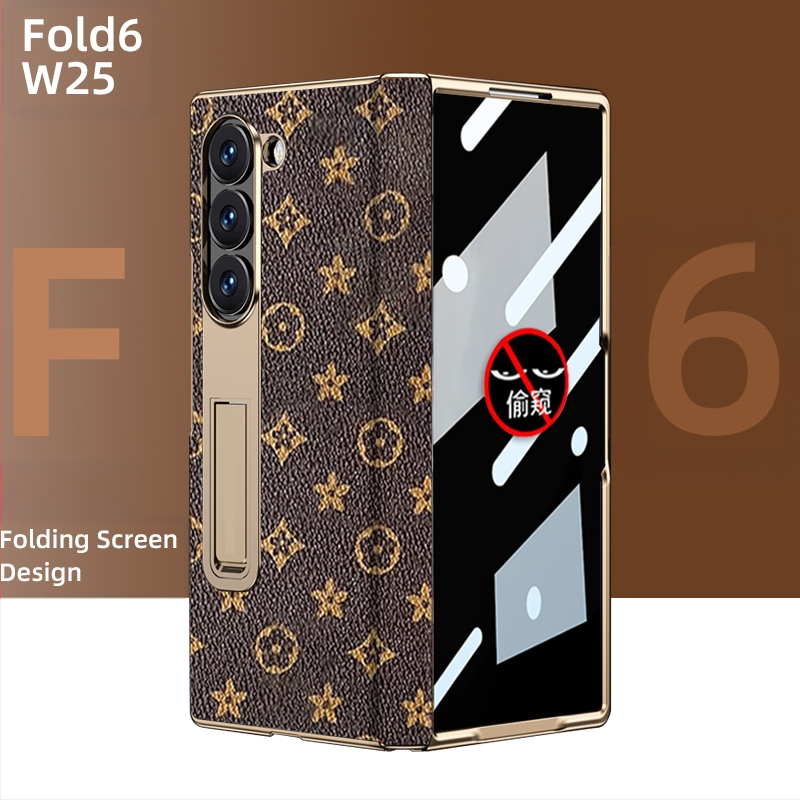 Husă de protecție pentru Samsung Fold cu margine placată cu aur și axă centrală din piele naturală, finisaj electroplacat, protecție anti-cădere