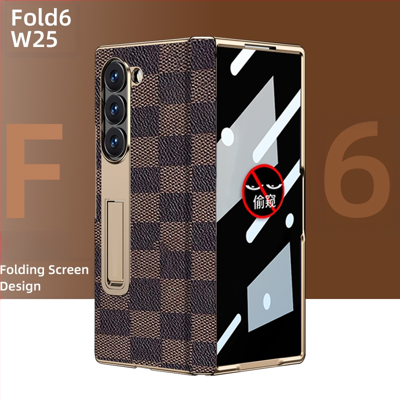 Husă de protecție pentru Samsung Fold cu margine placată cu aur și axă centrală din piele naturală, finisaj electroplacat, protecție anti-cădere