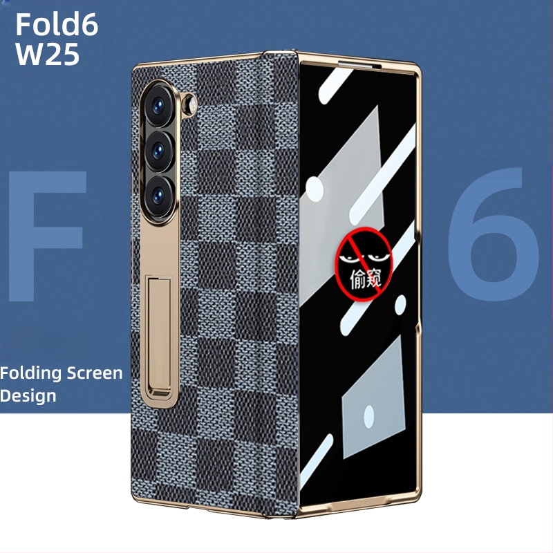 Husă de protecție pentru Samsung Fold cu margine placată cu aur și axă centrală din piele naturală, finisaj electroplacat, protecție anti-cădere