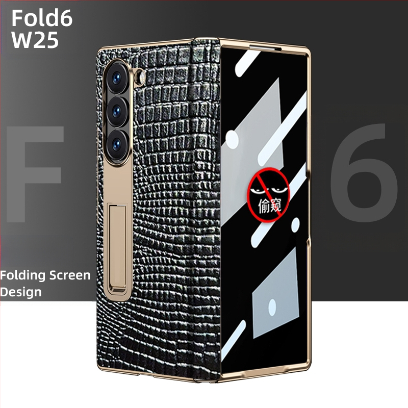 Husă de protecție pentru Samsung Fold cu margine placată cu aur și axă centrală din piele naturală, finisaj electroplacat, protecție anti-cădere