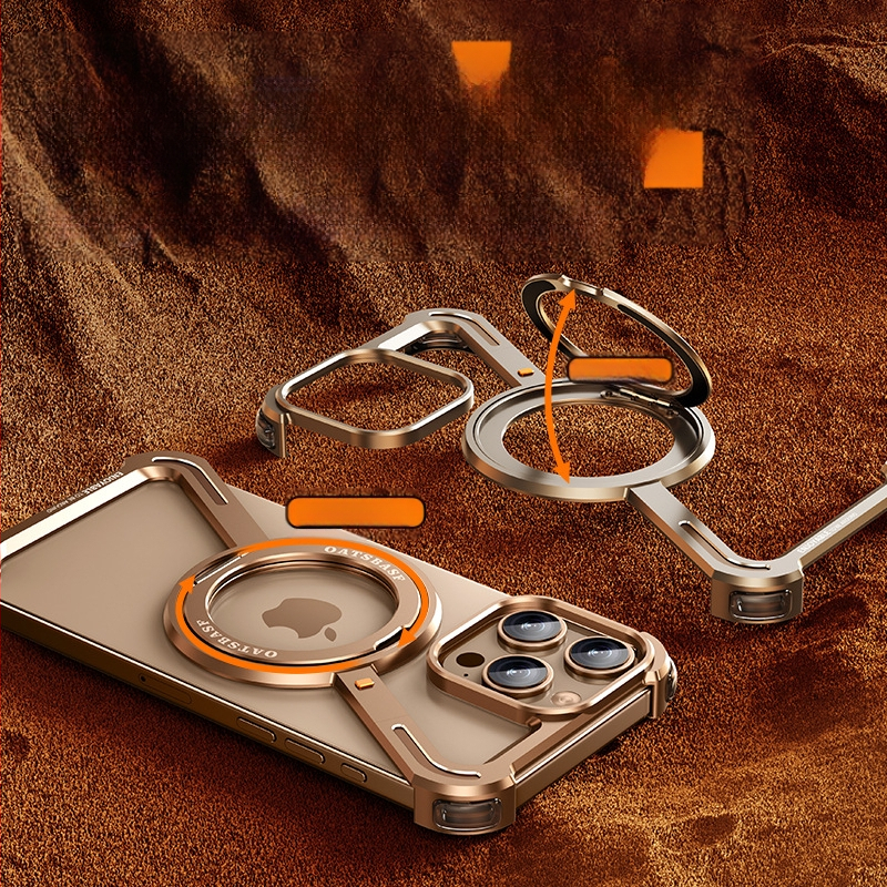 Husă pentru telefon cu cadru metalic și stand magnetic pentru Apple iPhone 17 Pro Max — prelucrat CNC, disipare căldură, rezistent la căderi, personalizabil