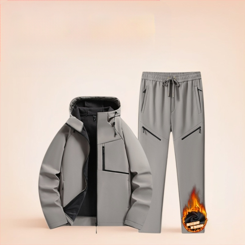 Vīriešu softshell jaka – ar kapuci, ūdensizturīga un pret vēju, priekšā rāvējslēdzējs, bieza oderējuma no poliestera, kabatas ar rāvējslēdzējiem