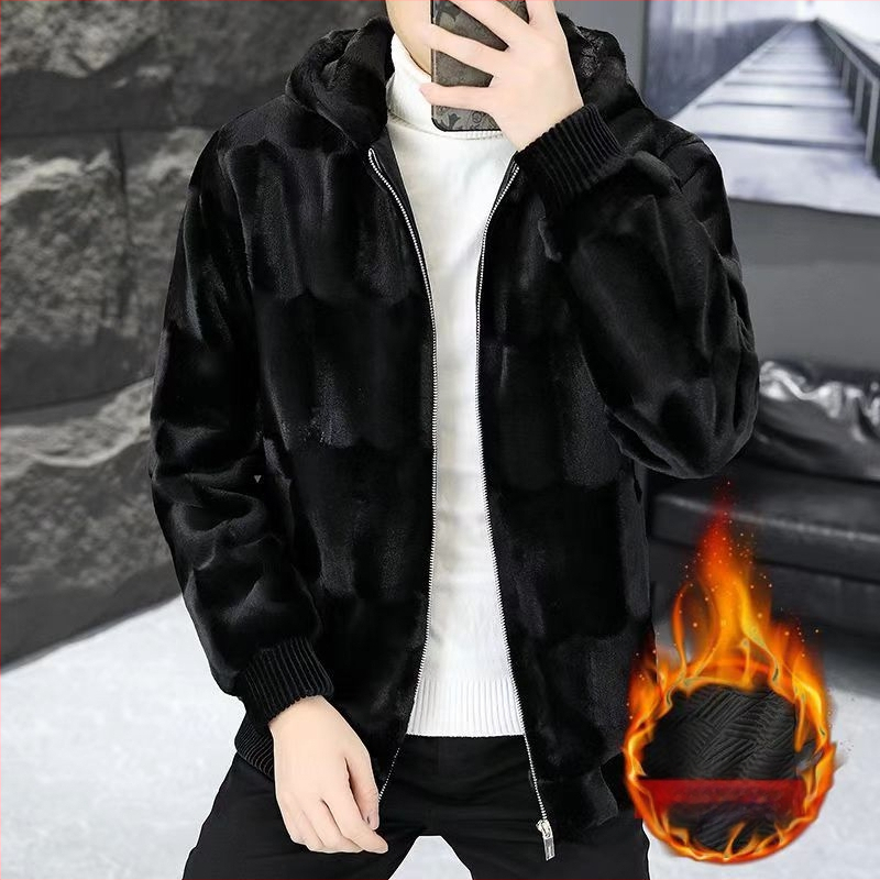 Muško palto od umjetnog krzna s jacquard uzorkom životinjskog dizajna, rever, prednji zatvarač, slobodan kroj