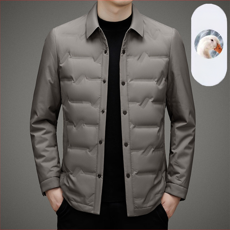 Jachetă ușoară din puf de gâscă alb, umplere 700, guler rever, fără glugă, închidere cu nasturi, pentru bărbați de vârstă mijlocie, iarnă 2024