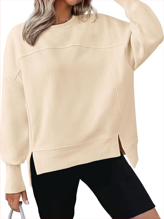 Moteriški kasdieniniai džemperiai su apvalia kaklo linija, ilgos rankovės, šoninis įpjovimas, storas medvilnės-poliesterio mišinys, koliažo siuvimo dizainas, 2024 ruduo.