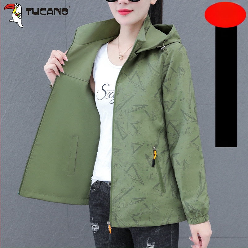 Дамско двустранно яке за пролет и есен, със сваляема качулка, полиестер, дълги ръкави, градски стил