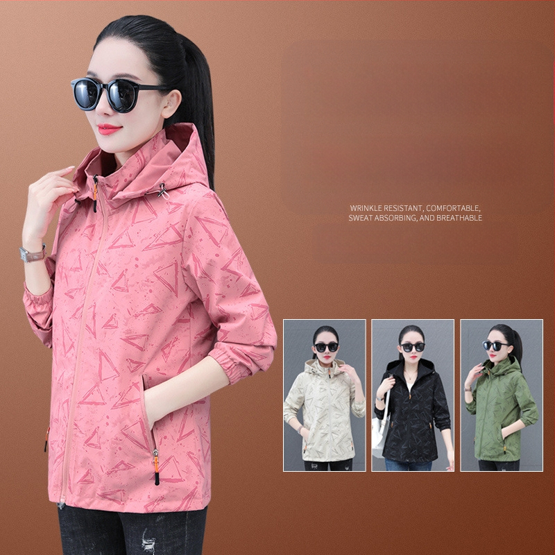 Дамско двустранно яке за пролет и есен, със сваляема качулка, полиестер, дълги ръкави, градски стил