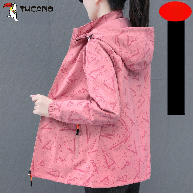 Дамско двустранно яке за пролет и есен, със сваляема качулка, полиестер, дълги ръкави, градски стил