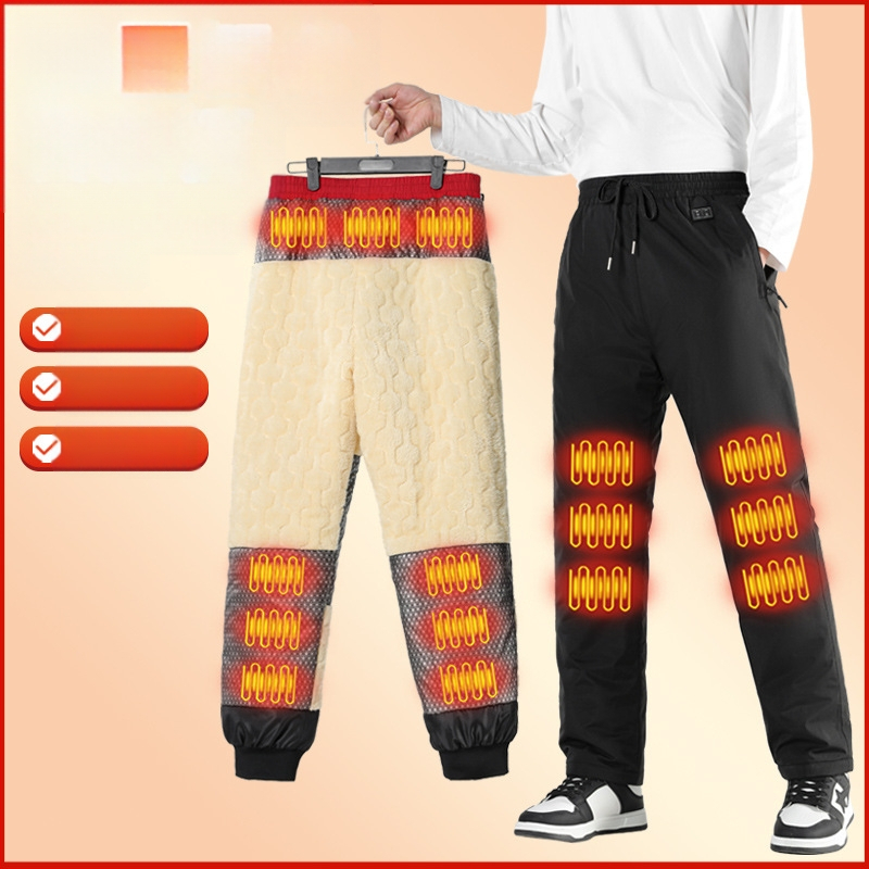 Pantaloni încălziți electric inteligenți, căptuți cu fleece, croială drept, talie medie, amestec din fibre de poliester