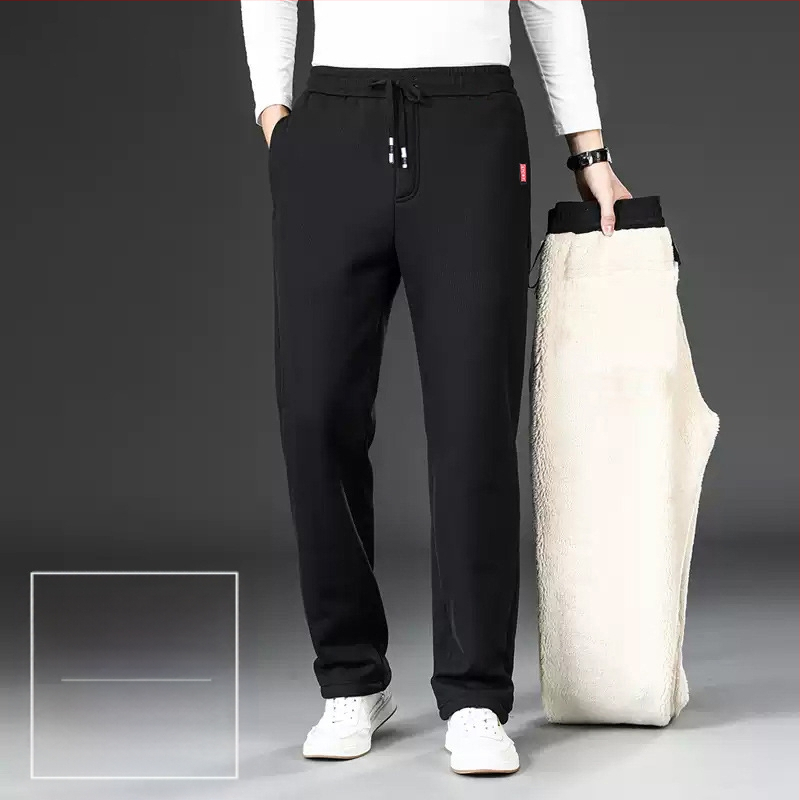 Pantaloni casual bărbați cu fleece, croială dreaptă lejeră, groși pentru toamnă și iarnă