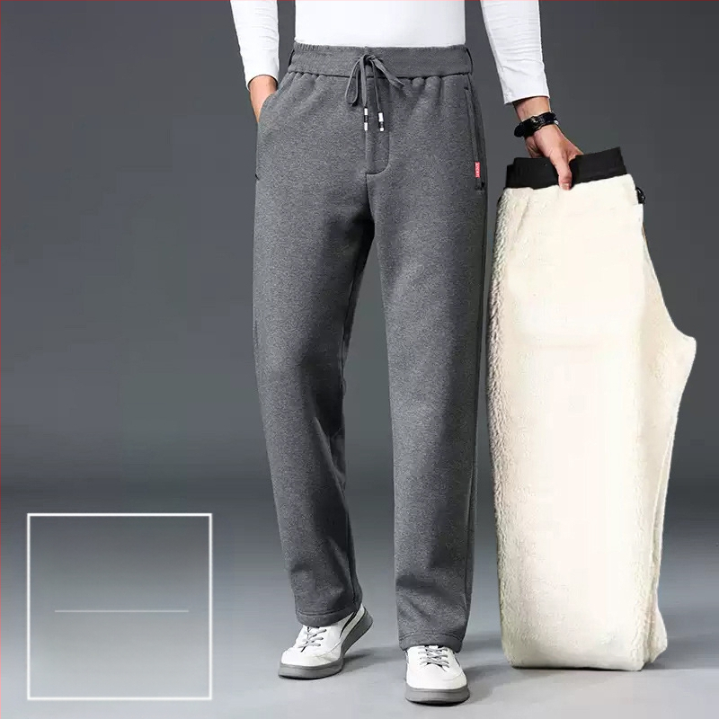 Pantaloni casual bărbați cu fleece, croială dreaptă lejeră, groși pentru toamnă și iarnă