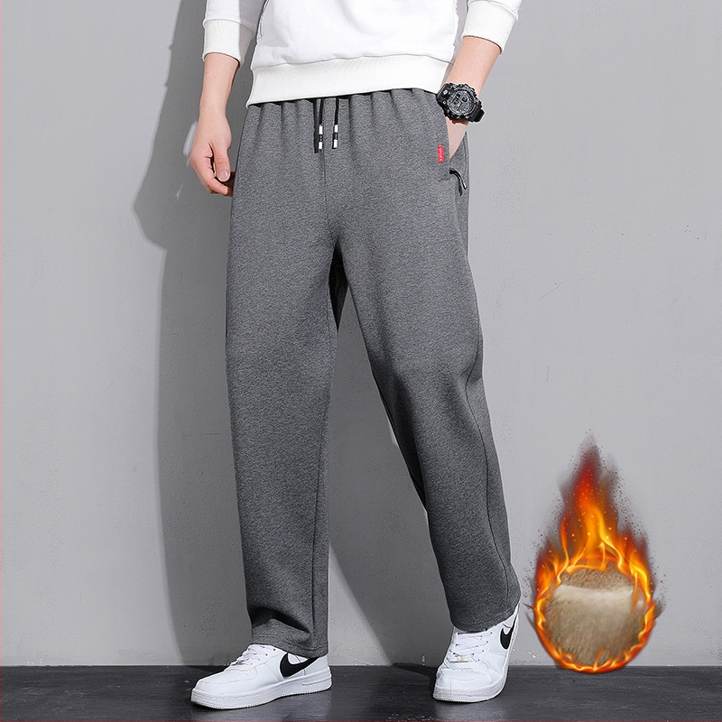 Pantaloni casual bărbați cu fleece, croială dreaptă lejeră, groși pentru toamnă și iarnă