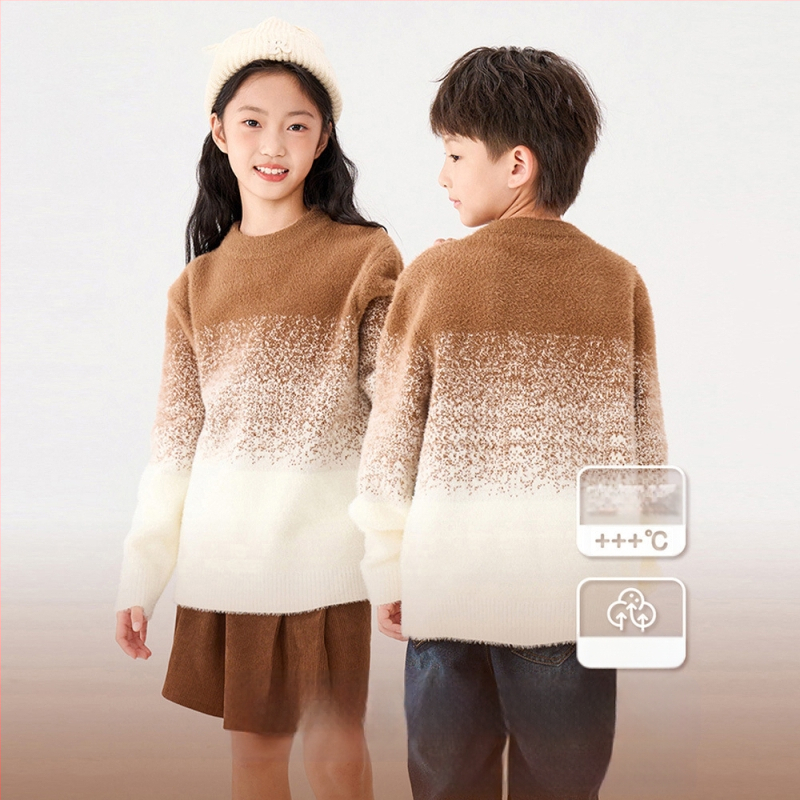 Παιδικό πουλόβερ: διαβαθμισμένο βελούδο μίνκ, παχύ πλέξιμο, στρογγυλό λαιμό, μακριά μανίκια, μοτίβο με πουά (8+ ετών, χειμώνας/φθινόπωρο)