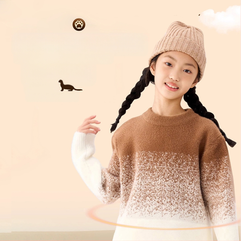 Παιδικό πουλόβερ: διαβαθμισμένο βελούδο μίνκ, παχύ πλέξιμο, στρογγυλό λαιμό, μακριά μανίκια, μοτίβο με πουά (8+ ετών, χειμώνας/φθινόπωρο)