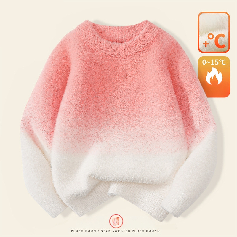 Παιδικό πουλόβερ: διαβαθμισμένο βελούδο μίνκ, παχύ πλέξιμο, στρογγυλό λαιμό, μακριά μανίκια, μοτίβο με πουά (8+ ετών, χειμώνας/φθινόπωρο)