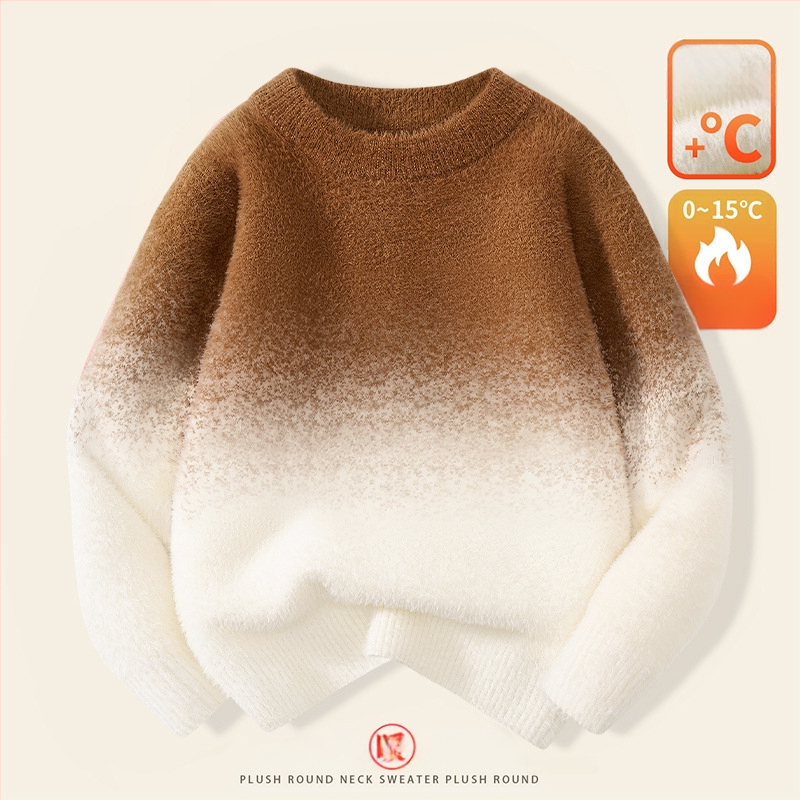 Παιδικό πουλόβερ: διαβαθμισμένο βελούδο μίνκ, παχύ πλέξιμο, στρογγυλό λαιμό, μακριά μανίκια, μοτίβο με πουά (8+ ετών, χειμώνας/φθινόπωρο)