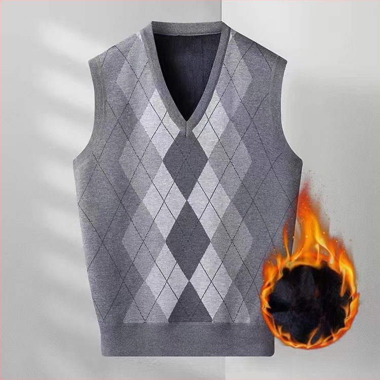 Férfi ujjatlan mellény V-nyakkal, kockás mintázatú gyapjúkeverékből, vastag kötés, lazább szabás