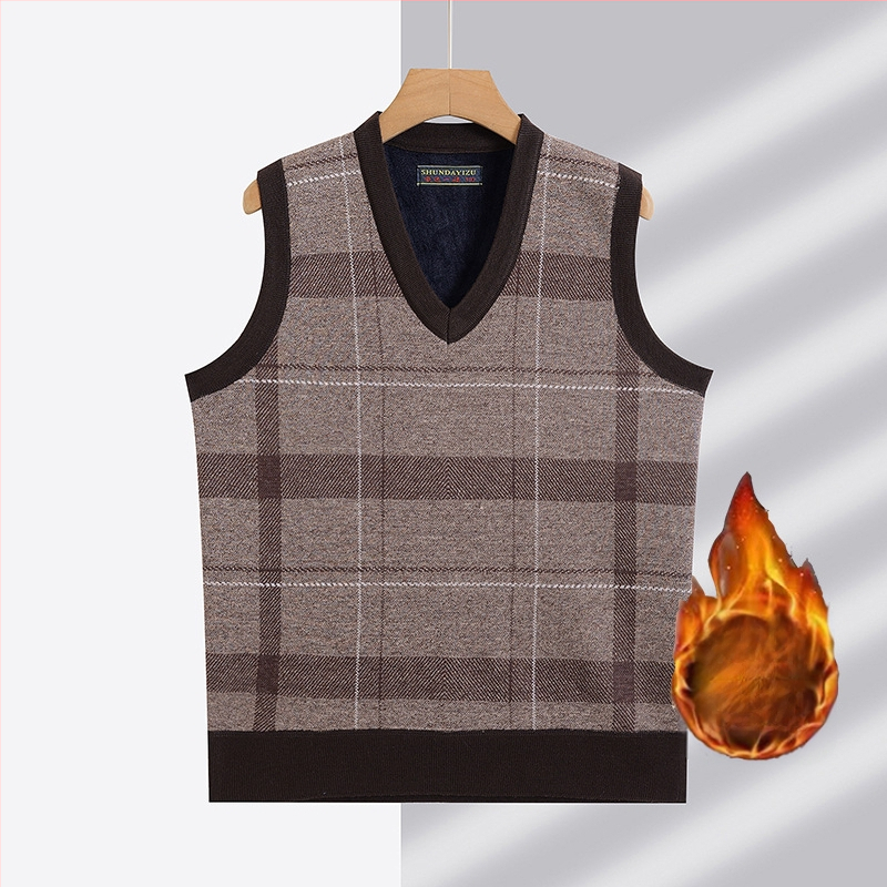 Πλεκτό γιλέκο με V-λαιμό, επενδυμένο φλίς, παχιά μόνωση, 100% πολυεστέρας