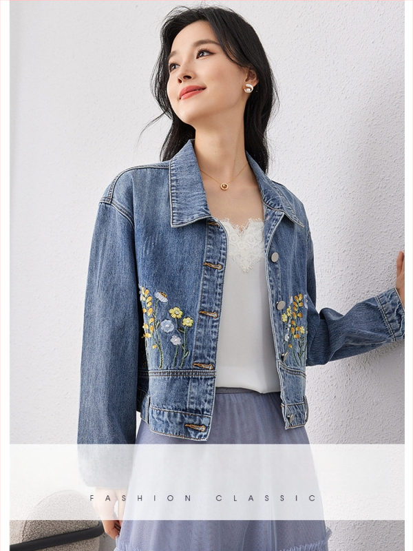 Zhenqi medvilninė džinsinė striukė su gėlėmis siuvinėjimu, polo apykaklė, išplautas paviršius, ilgos rankovės, tiesus kirpimas