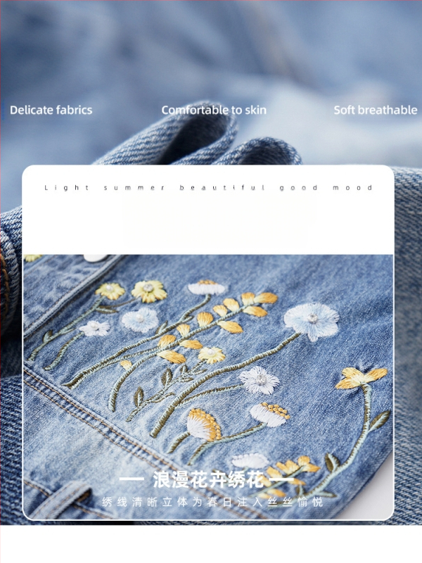 Zhenqi medvilninė džinsinė striukė su gėlėmis siuvinėjimu, polo apykaklė, išplautas paviršius, ilgos rankovės, tiesus kirpimas