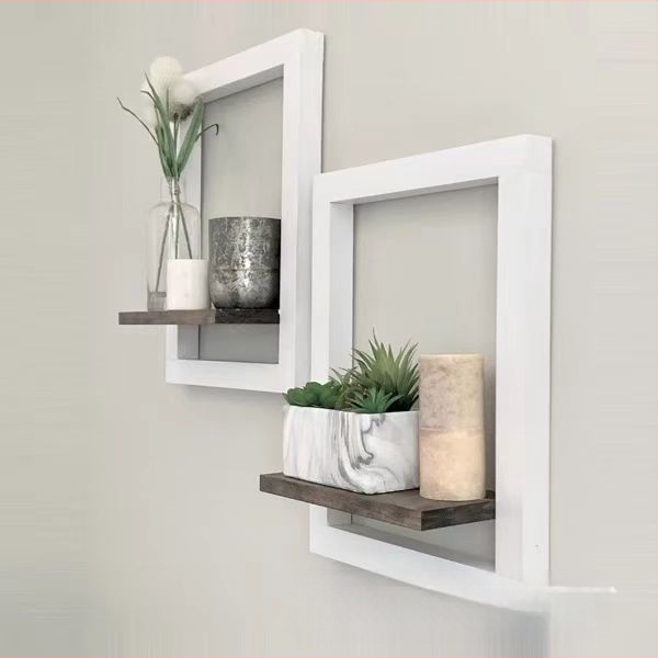 Ξύλινο ράφι αποθήκευσης τοίχου με ορθογώνιο πλαίσιο φωτογραφιών, μοντέρνος μινιμαλιστικός σχεδιασμός.