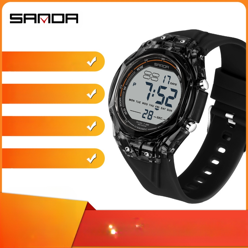 Електронен часовник с цифров дисплей, прозрачен голям циферблат, светещ, водоустойчив 50 m, хронометър, таймер, аларма (електронно движение • цифров дисплей • 50 m водоустойчивост • хронометър/таймер/аларма • светещ циферблат)