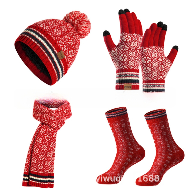 Женски комплект от шапка, шал, ръкавици и чорапи, акрилово влакно, жакардова плетка, за зимата