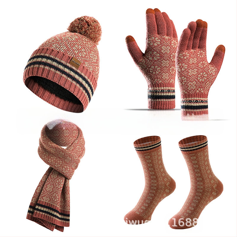 Женски комплект от шапка, шал, ръкавици и чорапи, акрилово влакно, жакардова плетка, за зимата