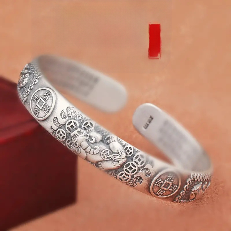 Pixiu ασημένιο βραχιόλι για άνδρες | S999 καθαρότητα | ανοιχτός σχεδιασμός | ρετρό ματ ύφος