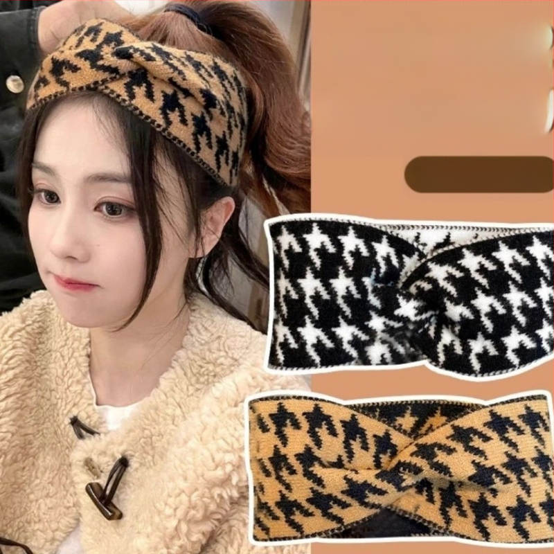 Κορεατικό στυλ πλεκτή κορδέλα μαλλιών με σχέδιο houndstooth, ευρύ γείσο, διαμαντένιος σχεδιασμός, άνοιξη 2024