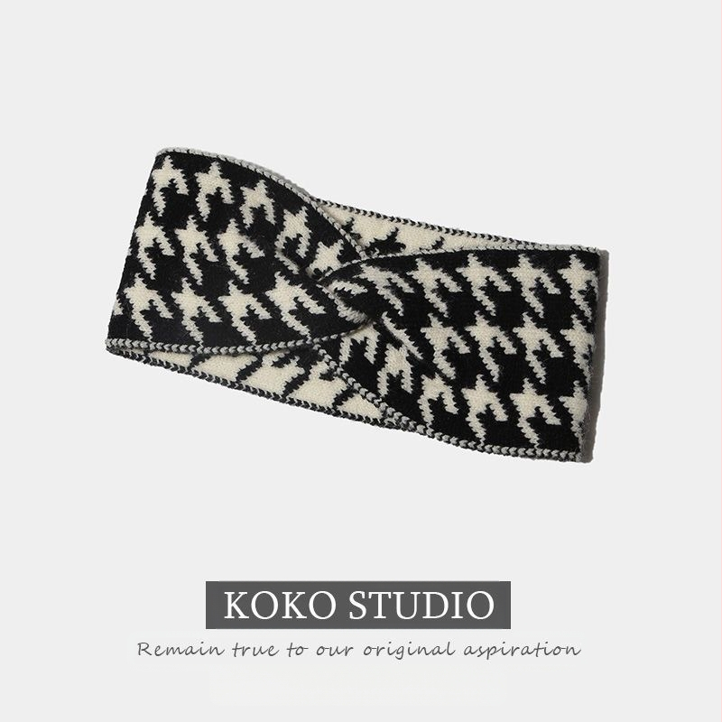 Κορεατικό στυλ πλεκτή κορδέλα μαλλιών με σχέδιο houndstooth, ευρύ γείσο, διαμαντένιος σχεδιασμός, άνοιξη 2024