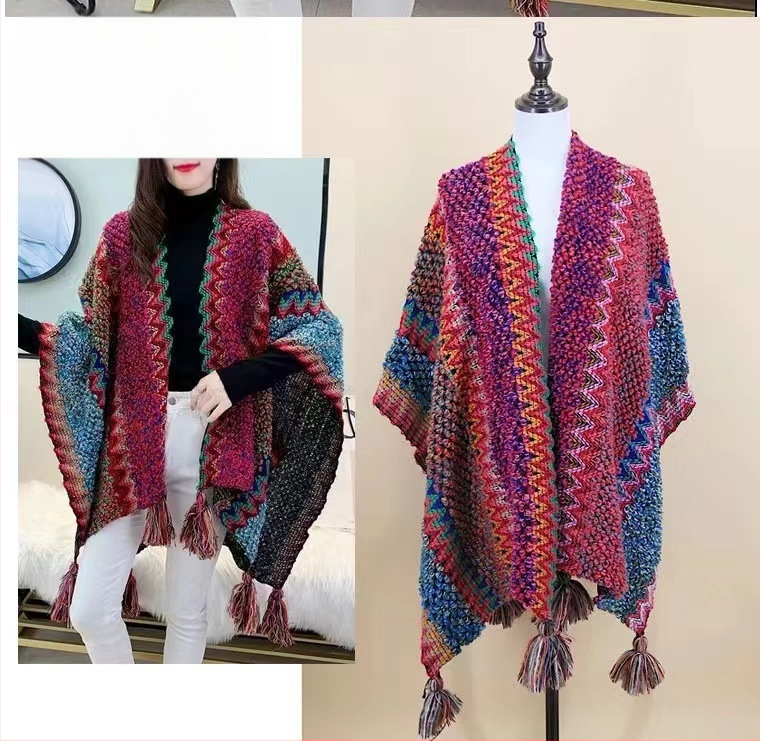 Пелерина-шал за жени, етнически стил, полиестер, твил, цветен блок, топло (пролет/есен)