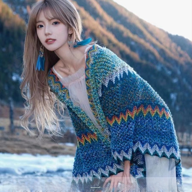 Пелерина-шал за жени, етнически стил, полиестер, твил, цветен блок, топло (пролет/есен)