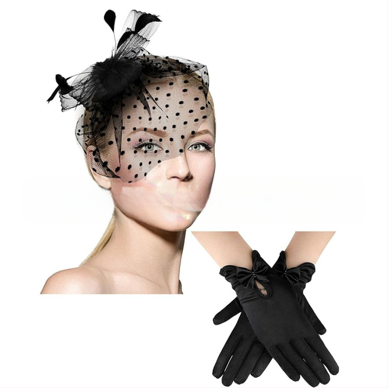 Σετ κεφαλής από δίχτυ με φτερά και δαντελέν γάντια — χειροποίητο, κωδικός WEN7-30, ατομικά συσκευασμένο, για γυναίκες