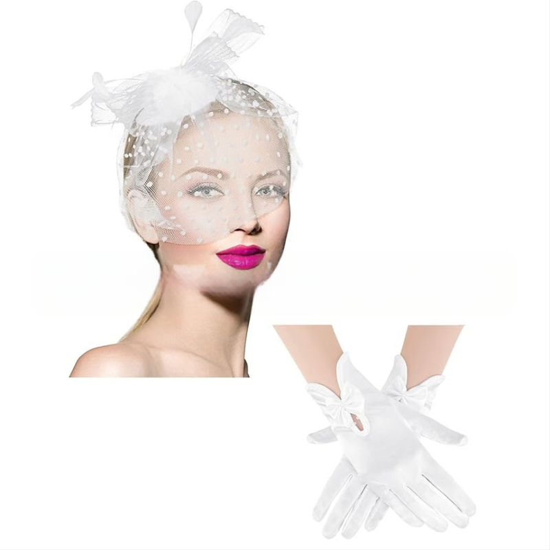 Σετ κεφαλής από δίχτυ με φτερά και δαντελέν γάντια — χειροποίητο, κωδικός WEN7-30, ατομικά συσκευασμένο, για γυναίκες