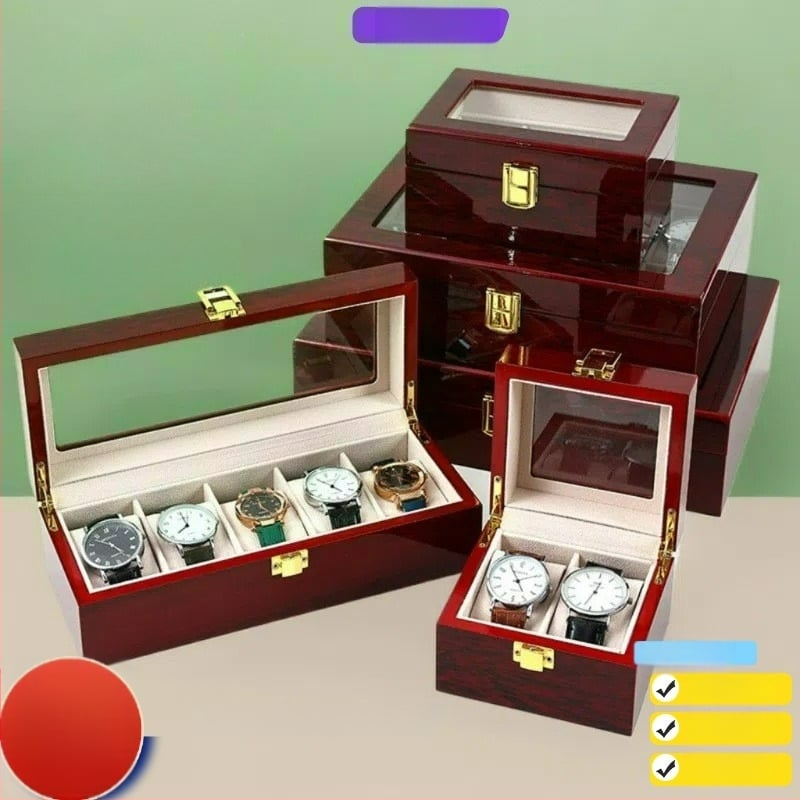 Κουτί για ρολόγια με ξύλινο περίβλημα και βελούδινο μαξιλαράκι, φινίρισμα πιάνου, μοντέλο L