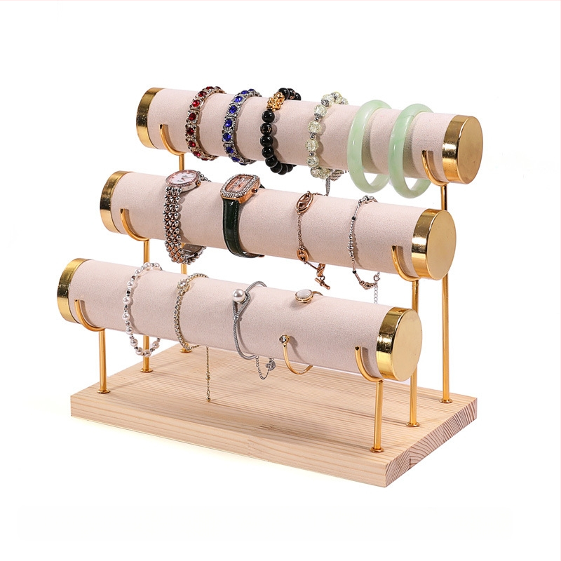 Ξύλινο τριώροφο εκθετήριο για βραχιόλια, σχεδίαση βήματος, οργανωτής κοσμημάτων